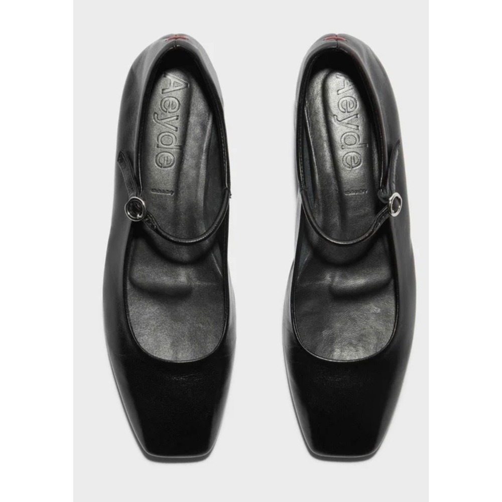 Aeyde Uma Black Leather Mary Jane Flats Square Toe Silver Buckle Shoes size 41.5